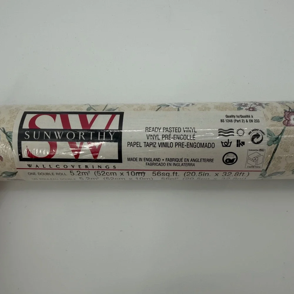 Vintage Sunworthy Floral Vinyl Wallpaper Cream Double Roll 56 sq ft 156131